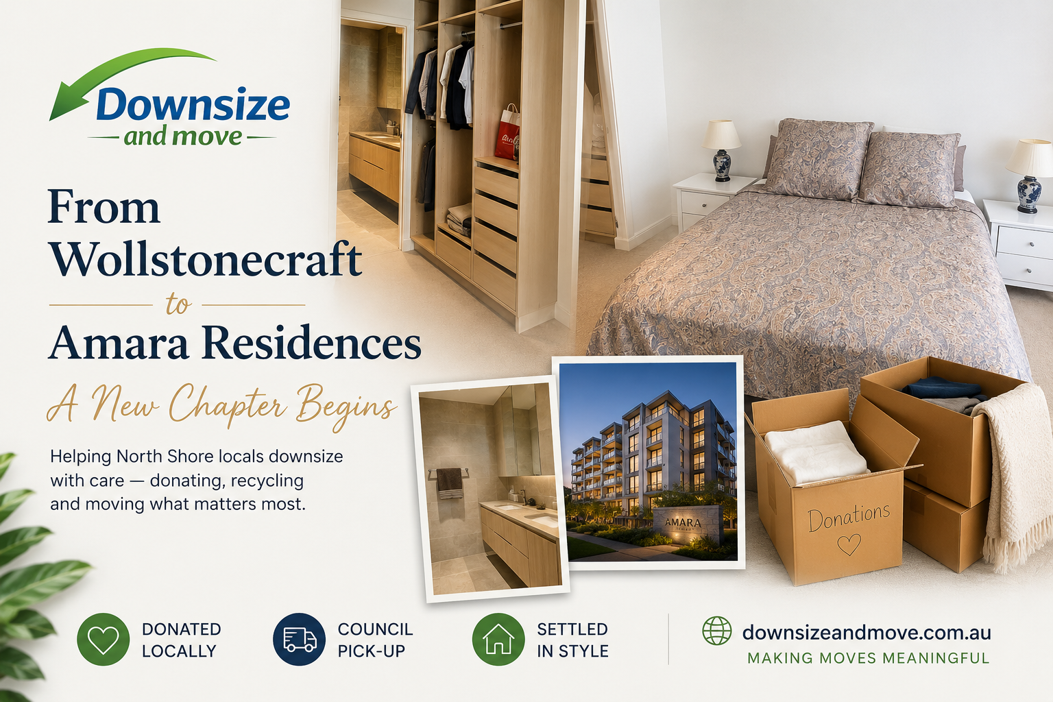 Bright, modern bedroom and walk-in wardrobe inside Amara Residences, representing a smooth downsizing transition for North Shore retirees.